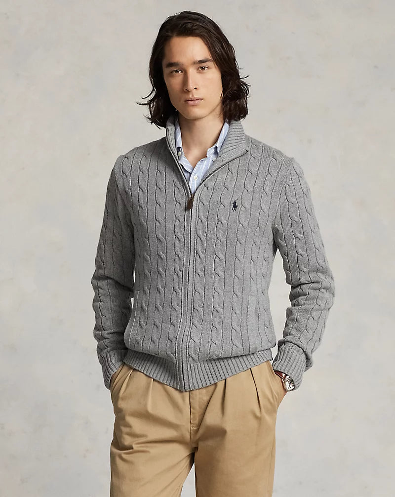 Ralph Lauren Cable-Knit Cotton Full-Zip Jumper | Grey