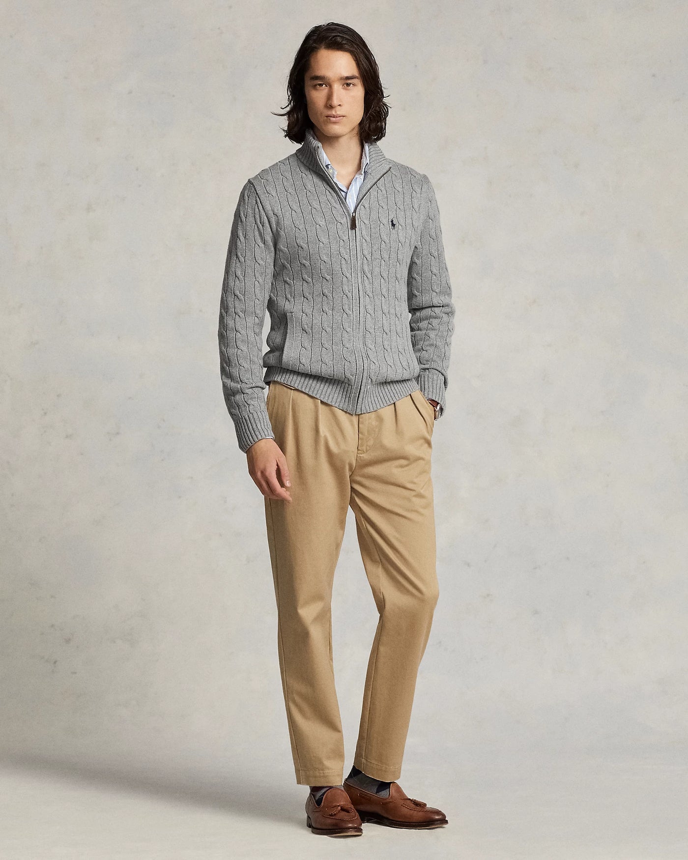 Ralph Lauren Cable-Knit Cotton Full-Zip Jumper | Grey