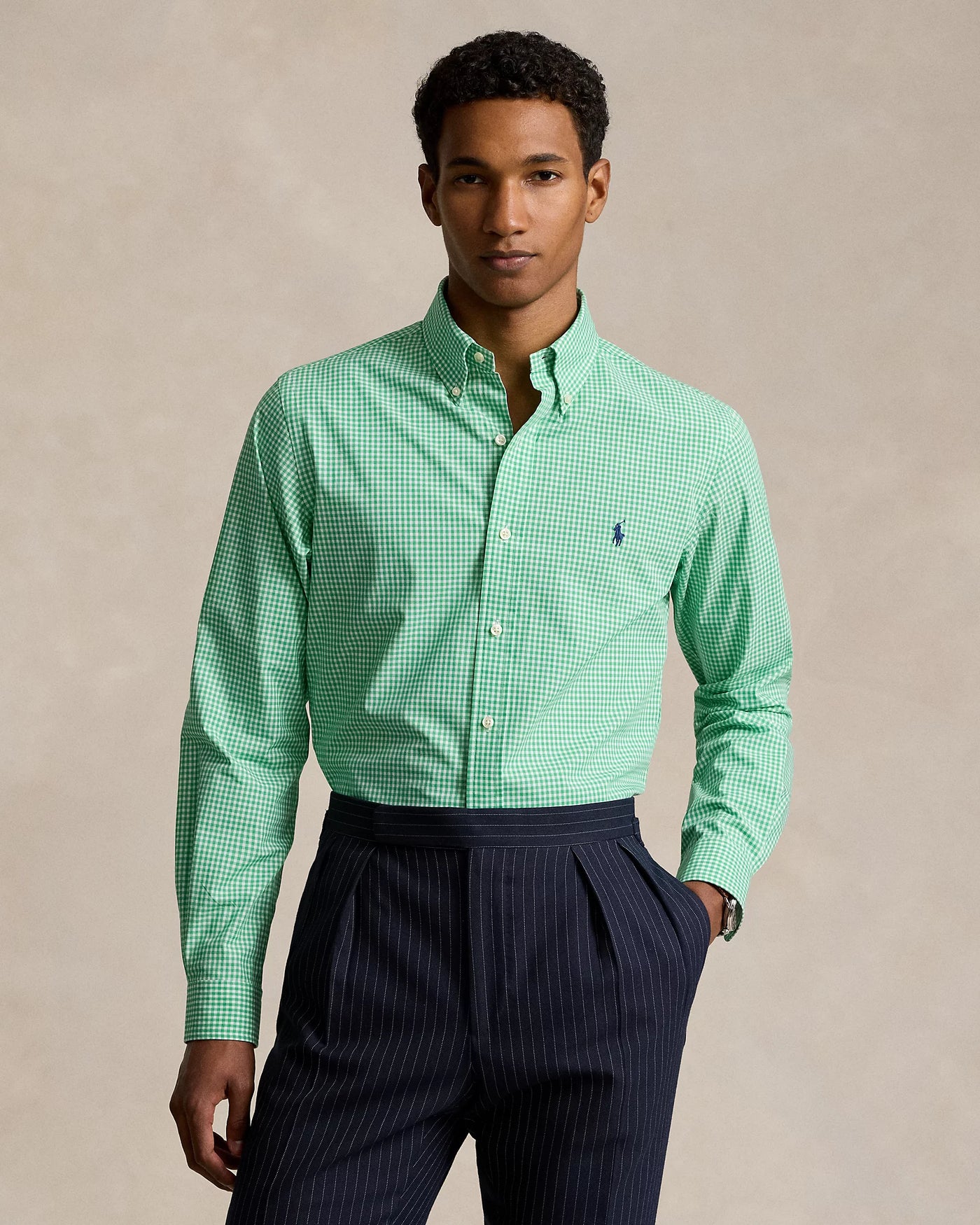 Ralph Lauren Custom Fit Gingham Stretch Poplin Shirt | Pine/White