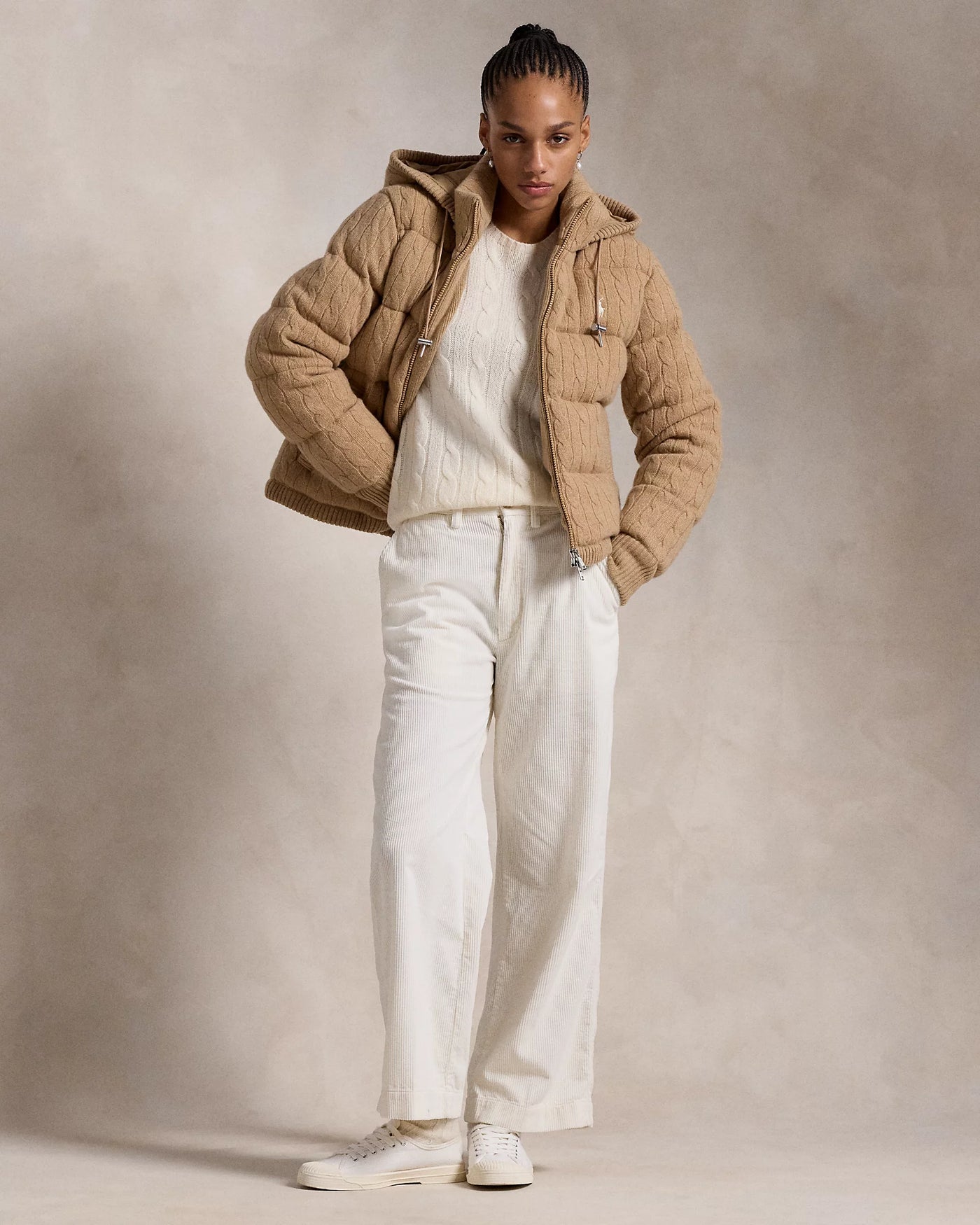 Ralph Lauren Cable-Knit Hooded Down Coat | Camel Melange