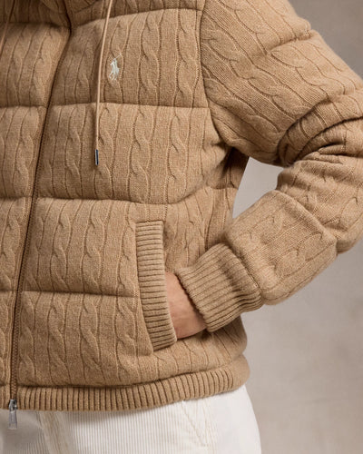 Ralph Lauren Cable-Knit Hooded Down Coat | Camel Melange