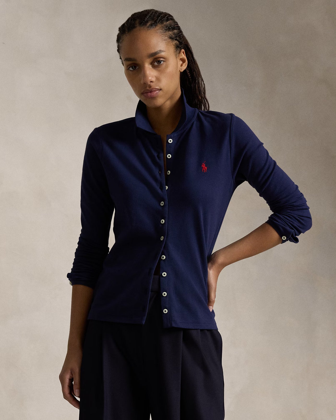Ralph Lauren Buttoned-Placket Long-Sleeve Polo Cardigan | Newport Navy