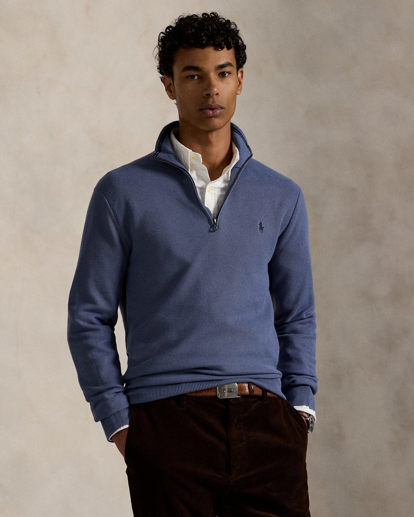 Ralph Lauren Mesh-Knit Cotton Quarter-Zip Jumper | Capri Blue