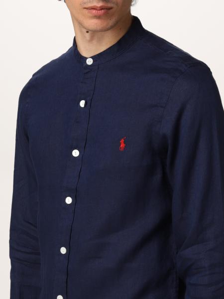 Ralph Lauren Linen Shirt with Mandarin Collar Slim Fit | Newport Navy