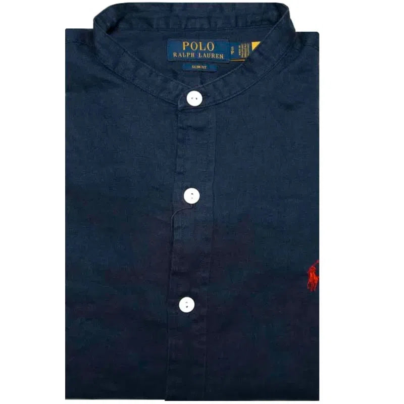 Ralph Lauren Linen Shirt with Mandarin Collar Slim Fit | Newport Navy
