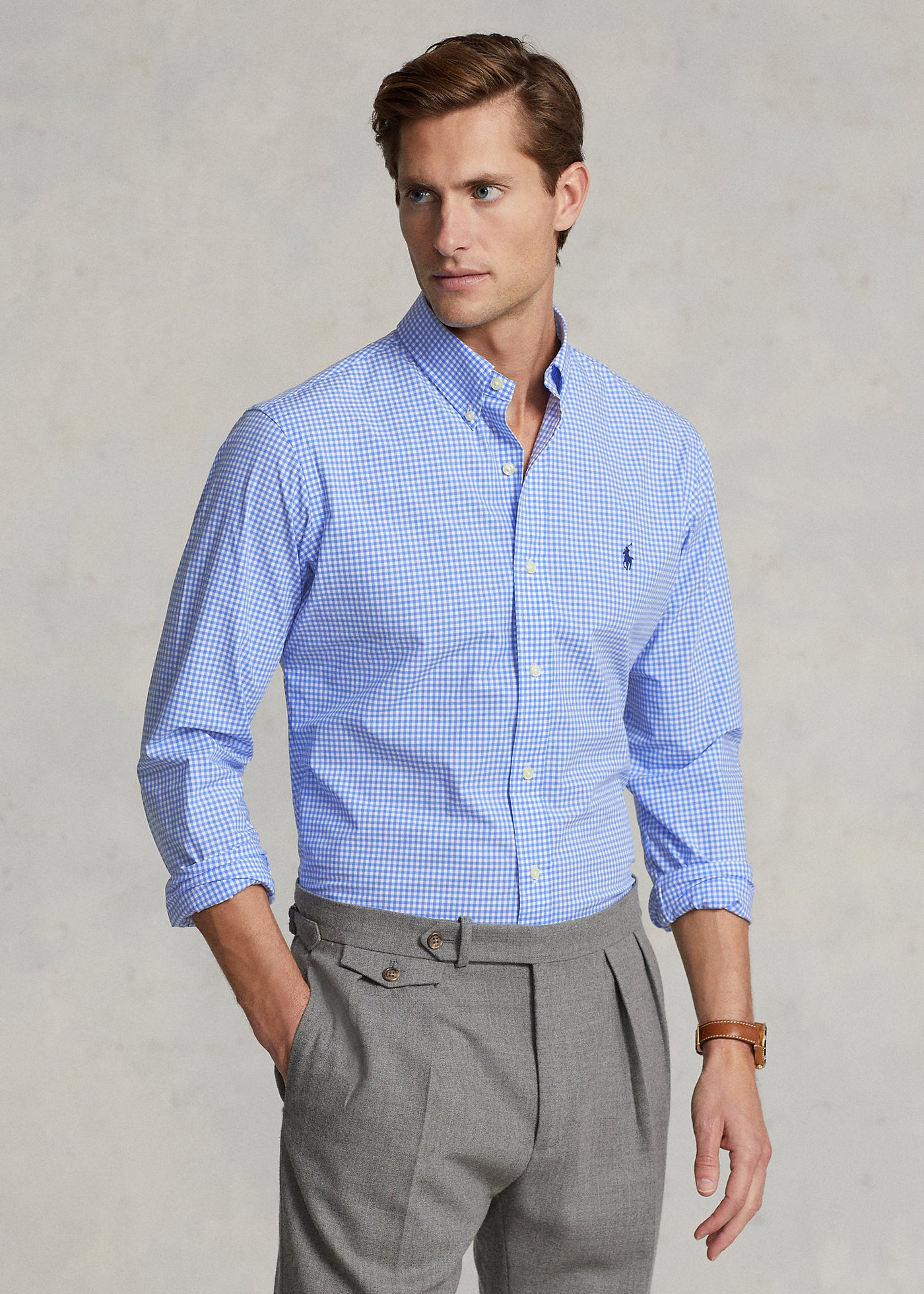 Ralph Lauren Custom Fit Plaid Stretch Poplin Shirt | Light Blue/White